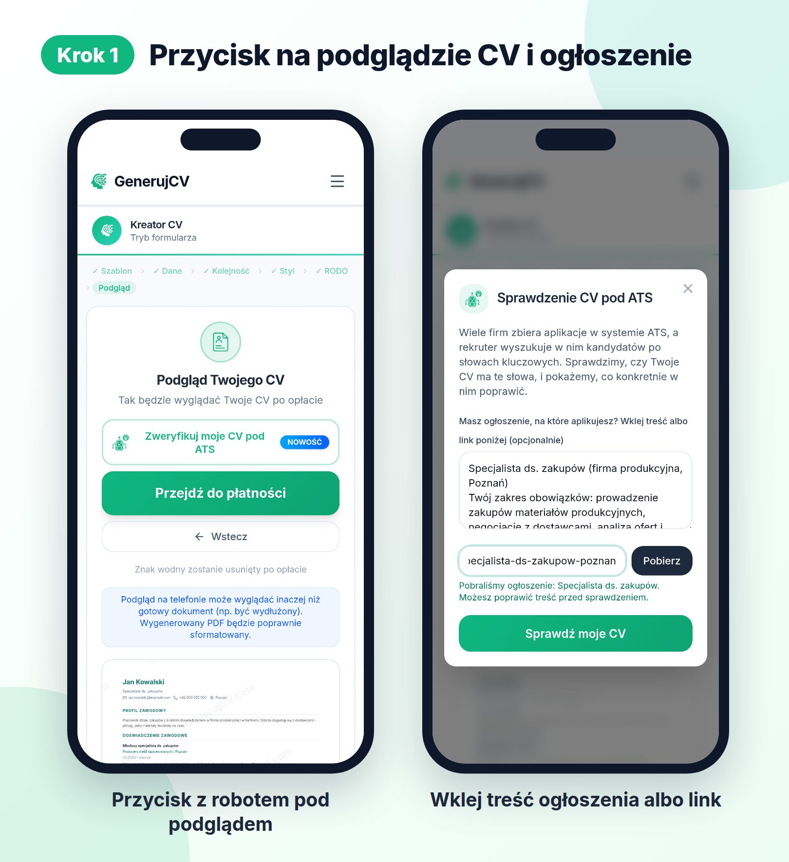 Krok 1: przycisk „Zweryfikuj moje CV pod ATS” na podglądzie CV i okienko z wklejonym ogłoszeniem