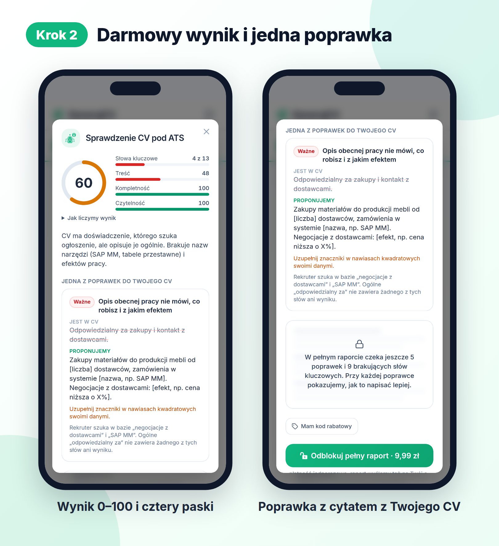 Krok 2: darmowy wynik 60 na 100, cztery paski i jedna poprawka z cytatem z CV