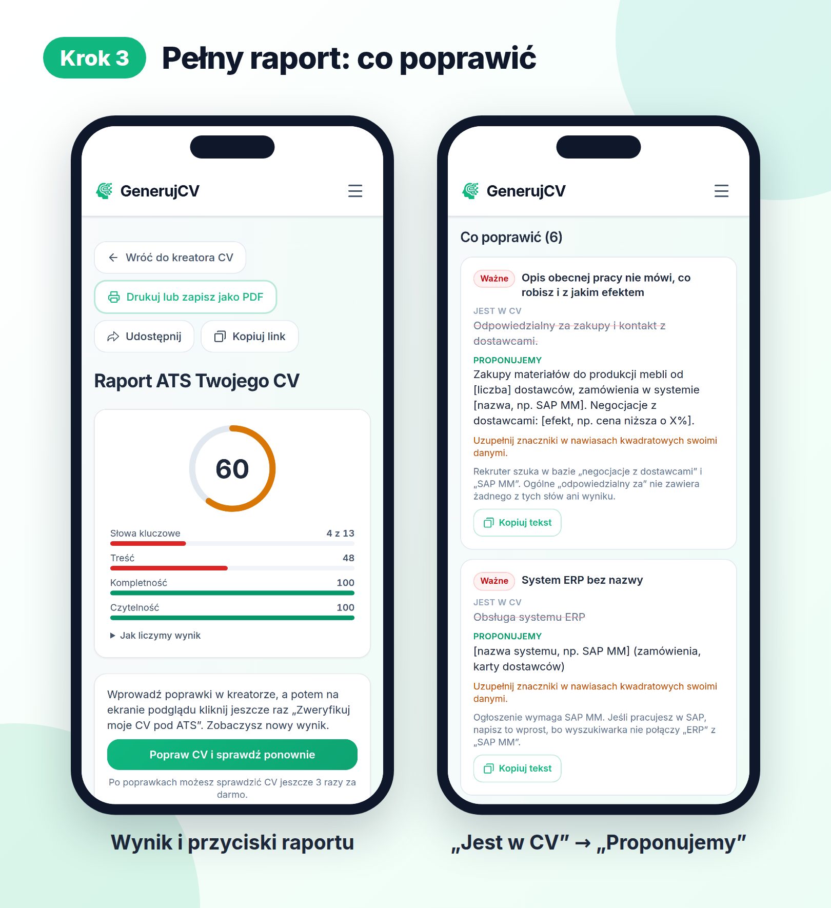 Krok 3: pełny Raport ATS na telefonie, wynik i lista poprawek w formacie „Jest w CV” i „Proponujemy”