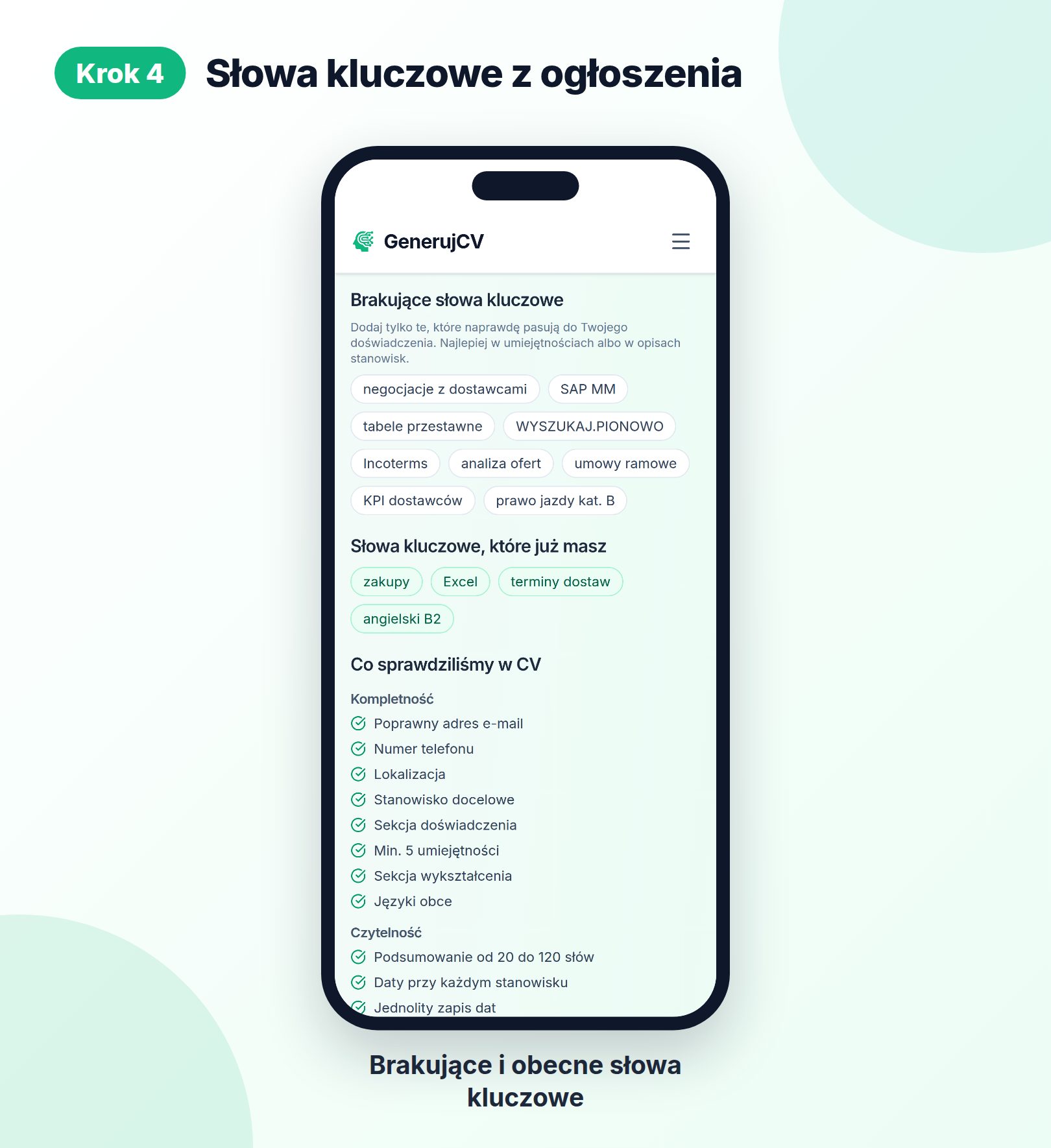 Krok 4: lista brakujących i obecnych słów kluczowych z ogłoszenia oraz pogrupowana lista kontroli CV