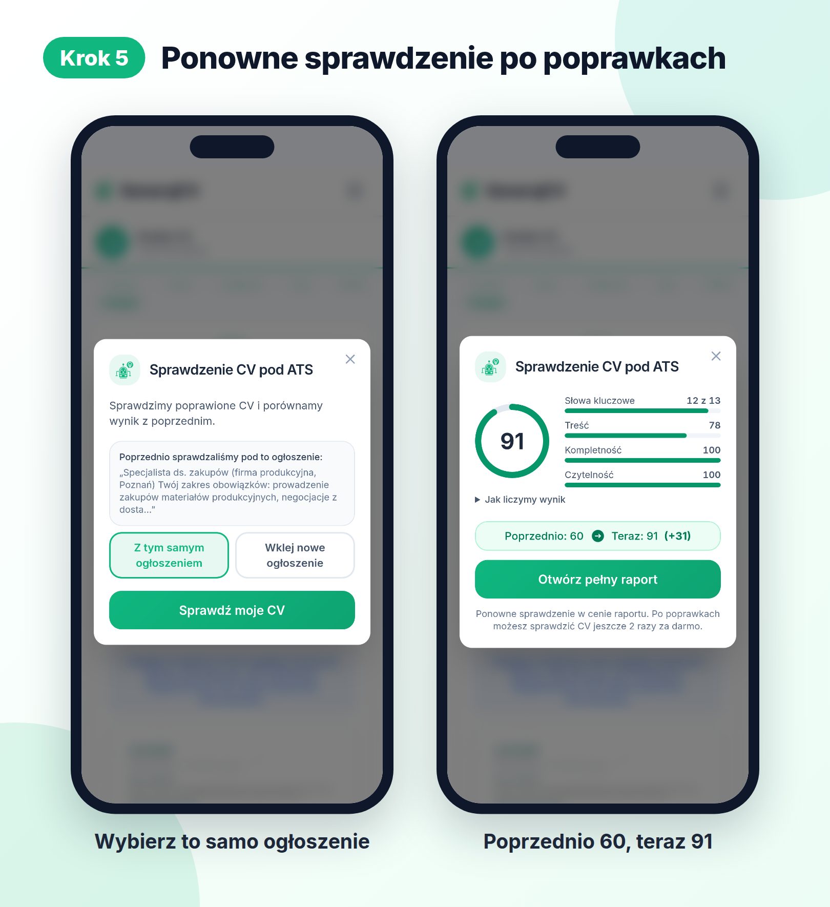 Krok 5: ponowne sprawdzenie z tym samym ogłoszeniem i porównanie wyniku: poprzednio 60, teraz 91