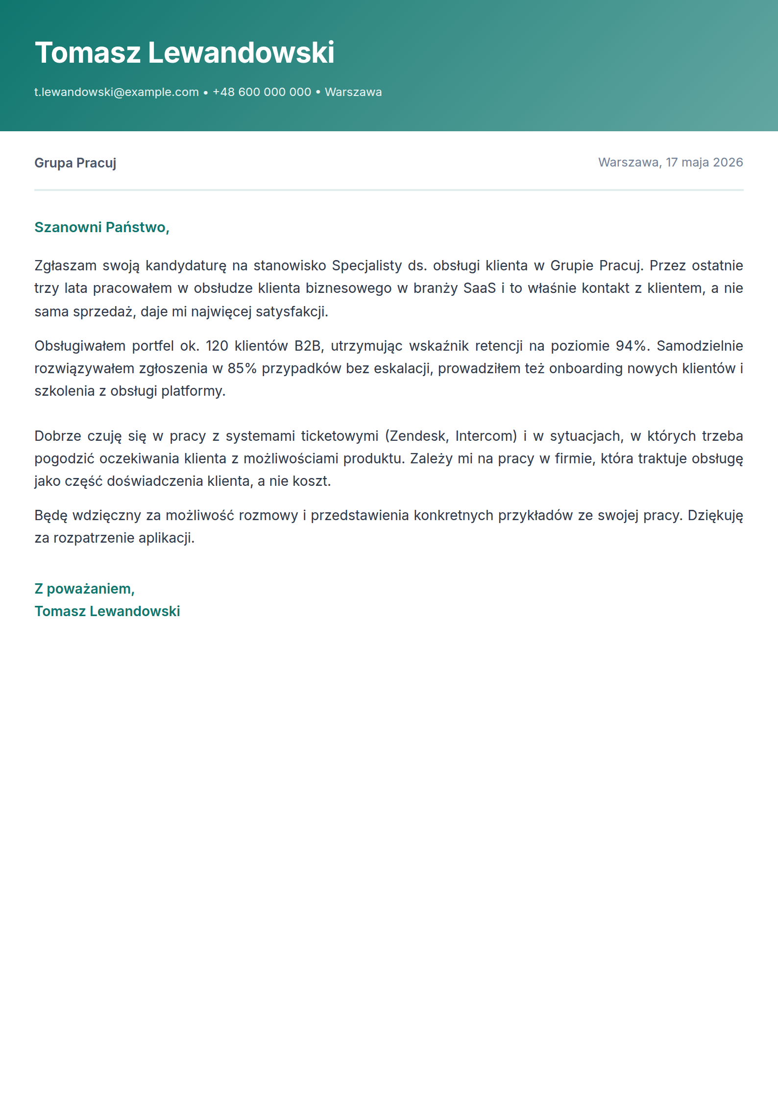 Wzór listu motywacyjnego - specjalista ds. obsługi klienta, wypełniony przykład